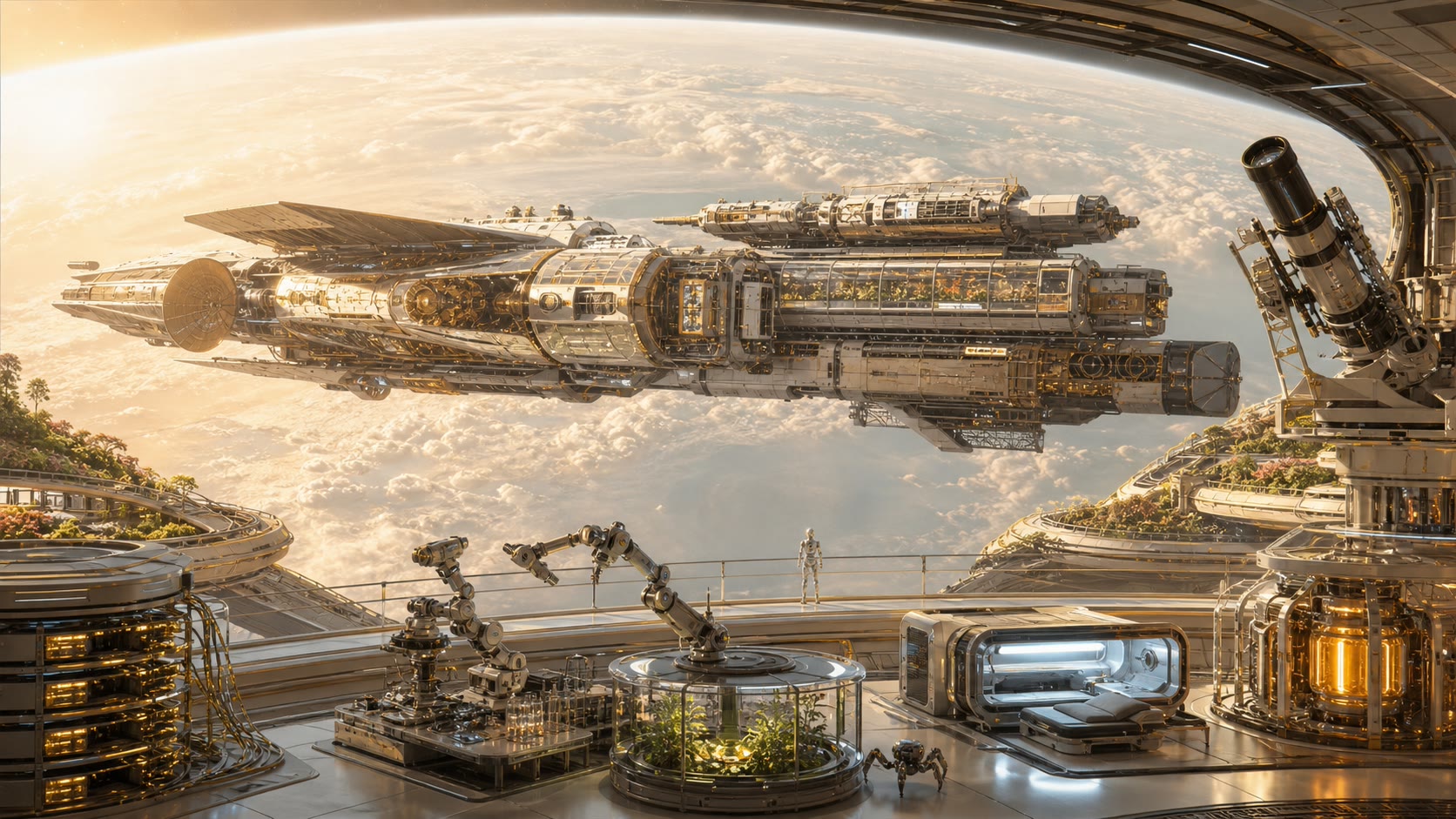 A vast sunlit orbital research habitat surrounding an interstellar laboratory vessel, with robotics, biotechnology, fusion power, and telescopes